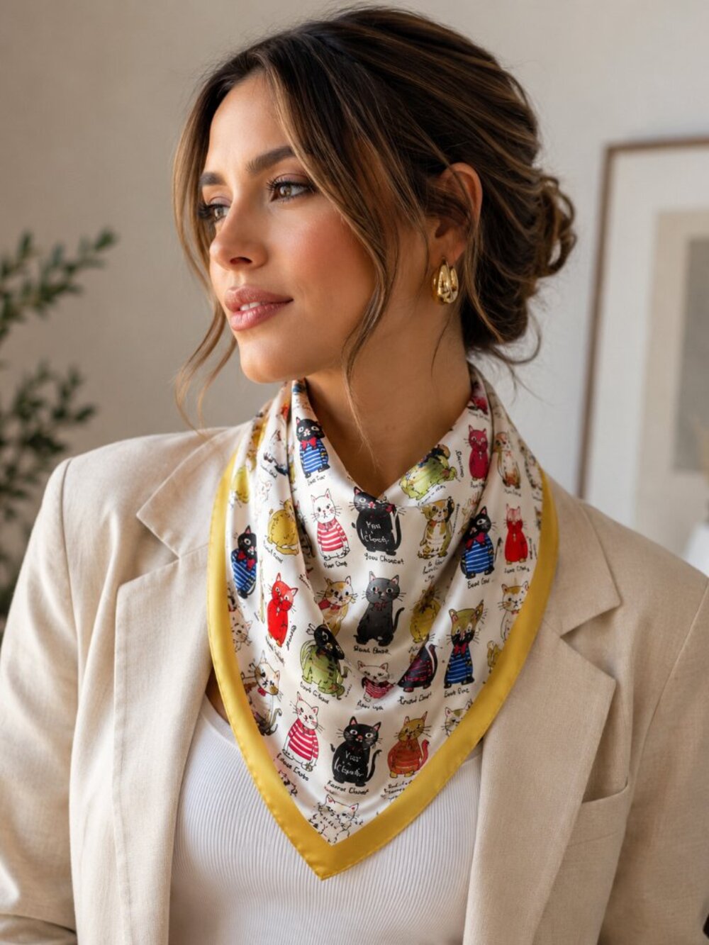 Cat Print Square Scarf 27.6” 70x70cm Satin Feel Head Neck Hair Wrap Gold Trim